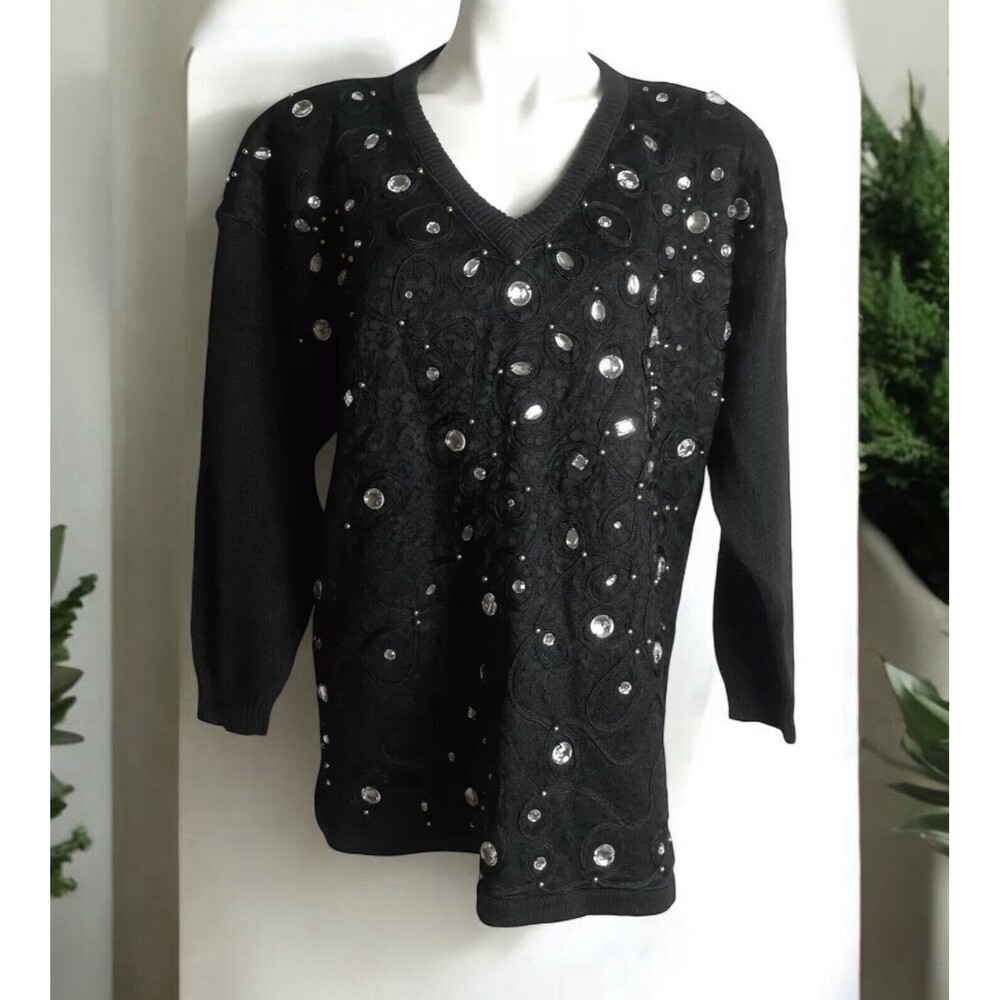 VTG MIDNIGHT BLUES BLACK BEDAZZLED UGLY SWEATER MEDIUM 80s Granny Core
